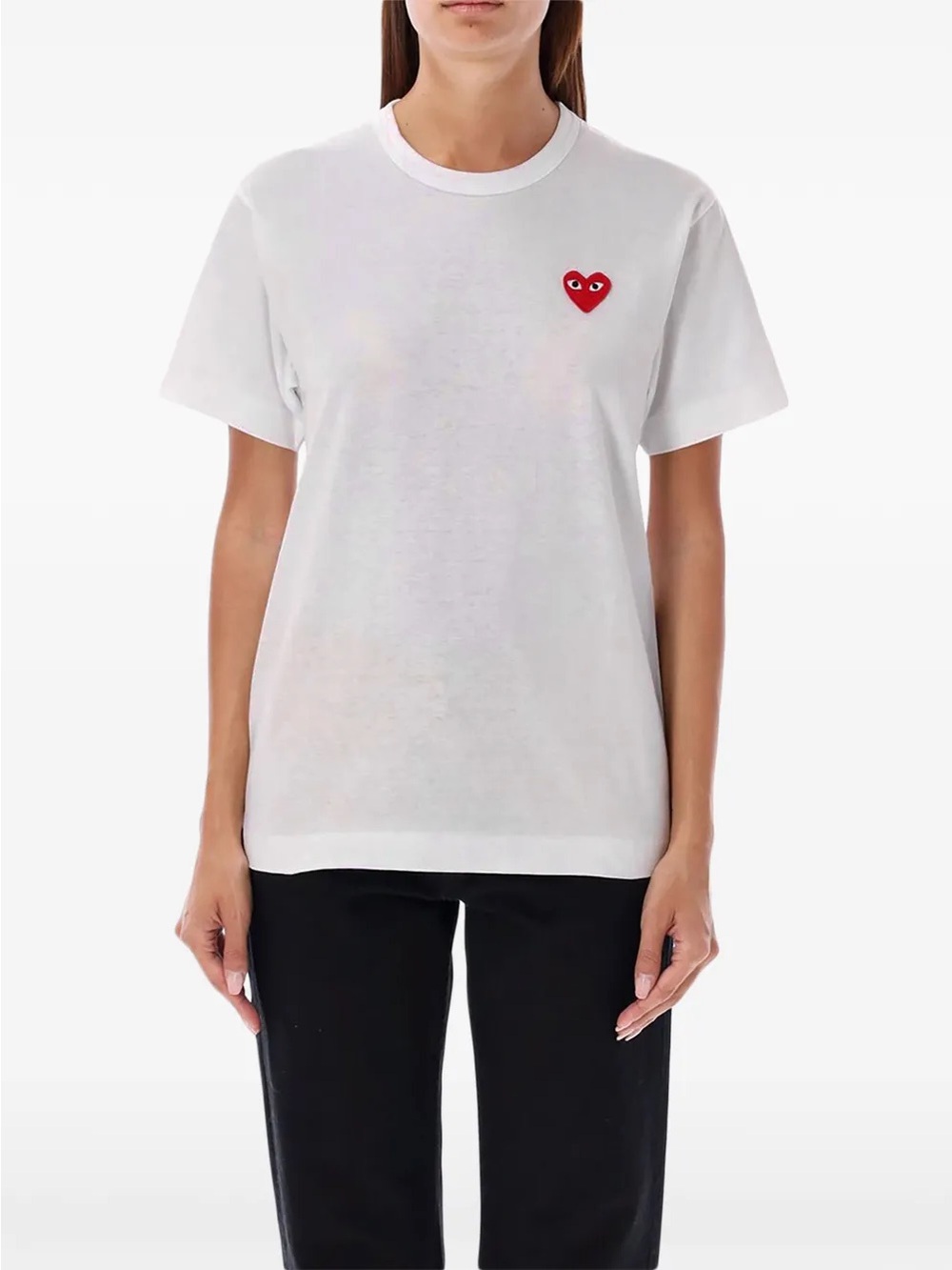 Comme des Garçons White Women's Crewneck T-Shirt with Red Heart Patch